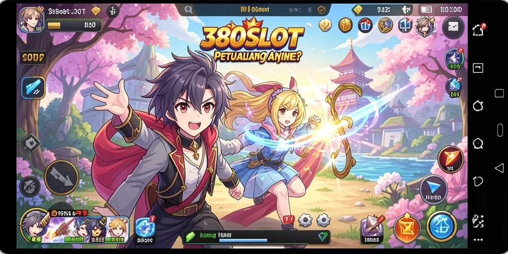 Screenshot dari gameplay menarik di 380SLOT dengan karakter anime.