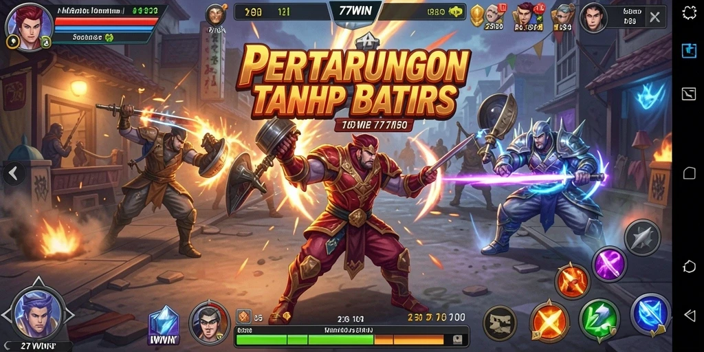 Tampilan gameplay 77WIN dengan karakter bertarung di arena.