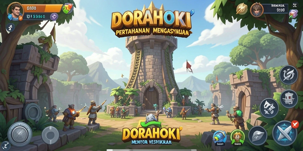 Tampilan gameplay seru DORAHOKI dengan aksi pertahanan menara.