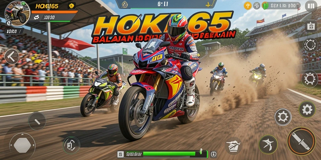 Screenshot HOKI65 menampilkan aksi balapan motor yang intens dan menegangkan.
