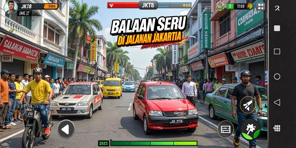 Gameplay menegangkan JKT8 di jalanan Jakarta dengan mobil balap.