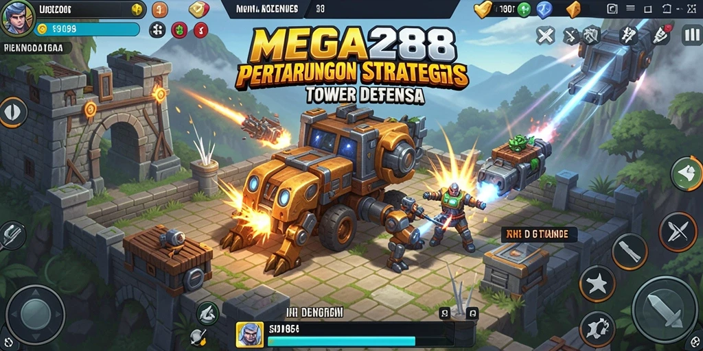 Tampilan gameplay MEGA288 dari sudut pandang Tower Defense.