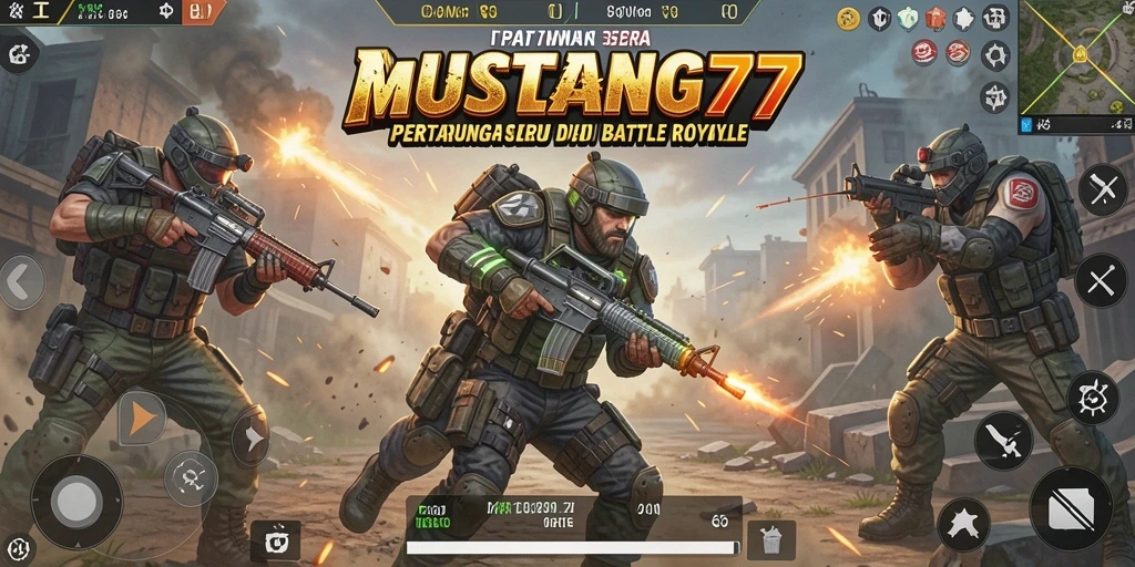 Tangkapan layar gameplay MUSTANG77 menampilkan pertempuran intens di arena.