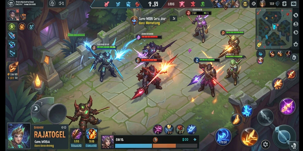 Tampilan gameplay seru dalam RAJATOGEL dengan aksi MOBA yang mendebarkan.