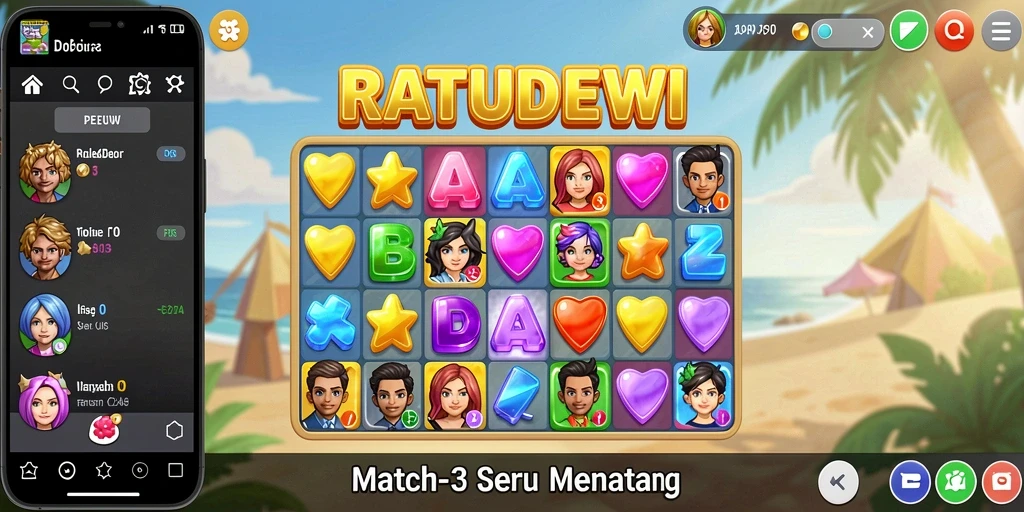 Tampilan gameplay menakjubkan dari RATUDEWI dengan objek berwarna-warni.